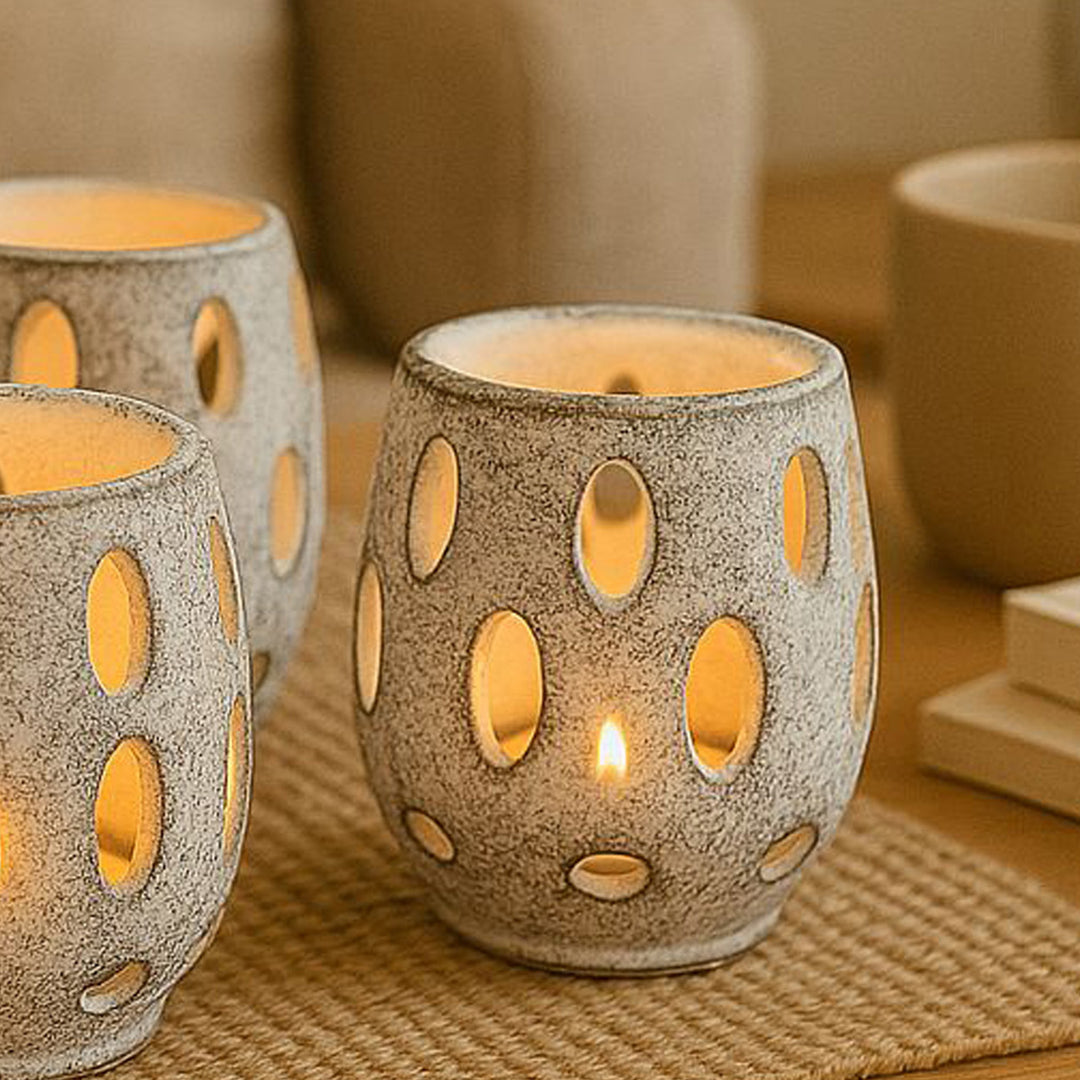 Grey Distress Finish Terracotta Tealight Holder With Candle
