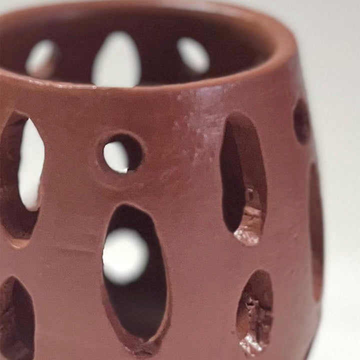 Natural Brown Terracotta Tealight Holder With Candle
