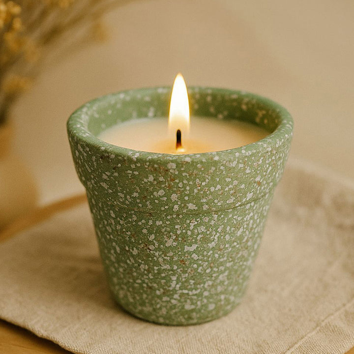 Hand-Painted Green Planter Terracotta Candle Holder With Candle
