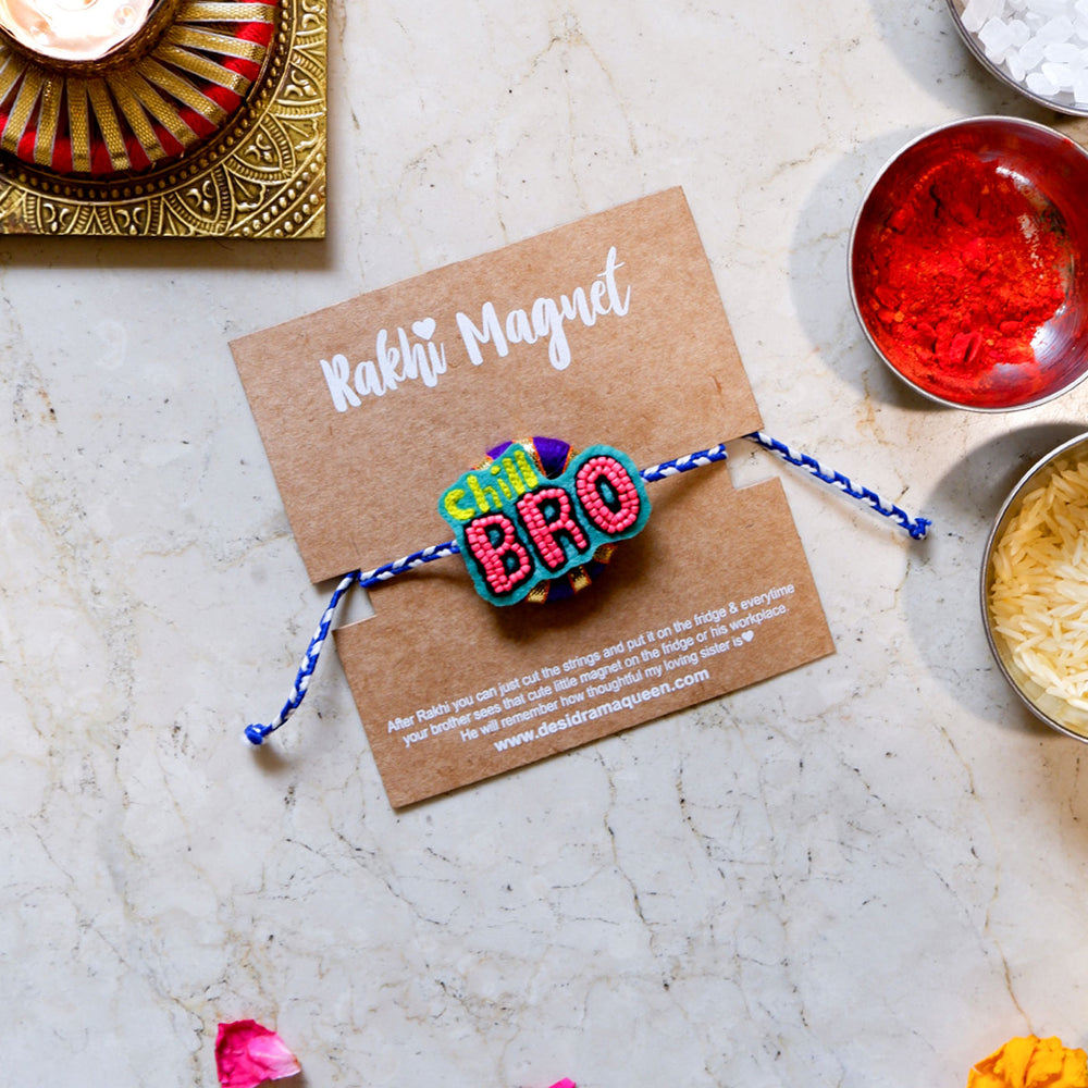Handmade Reusable Chill Bro Felt Rakhi For Brother - Front view with decorative background