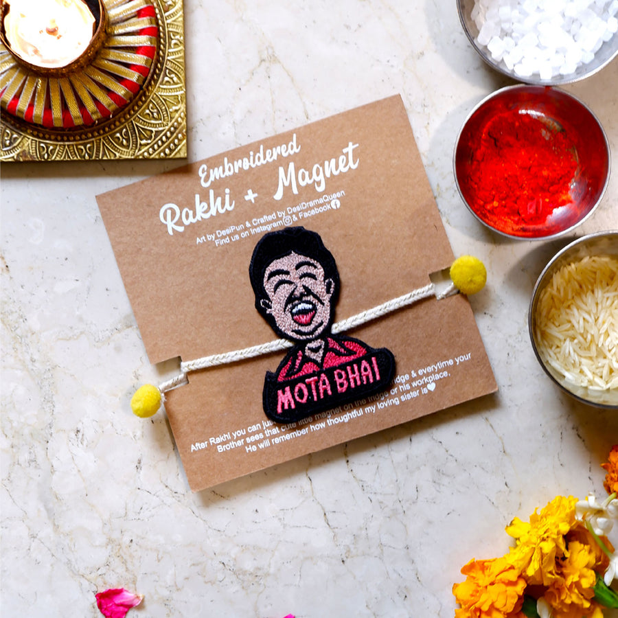 Handmade Reusable Mota Bhai Pom Pom Felt Rakhi For Brother - Packaged Display with Decorative Items
