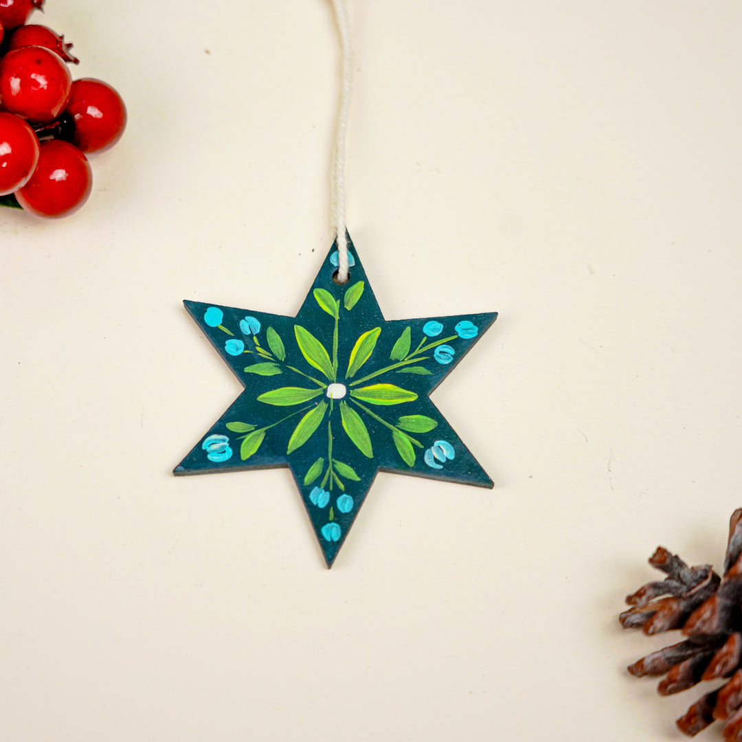 9 Pc | Handpained Nordic Noel Blue Folk Art MDF Ornament Set