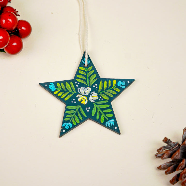 9 Pc | Handpained Nordic Noel Blue Folk Art MDF Ornament Set