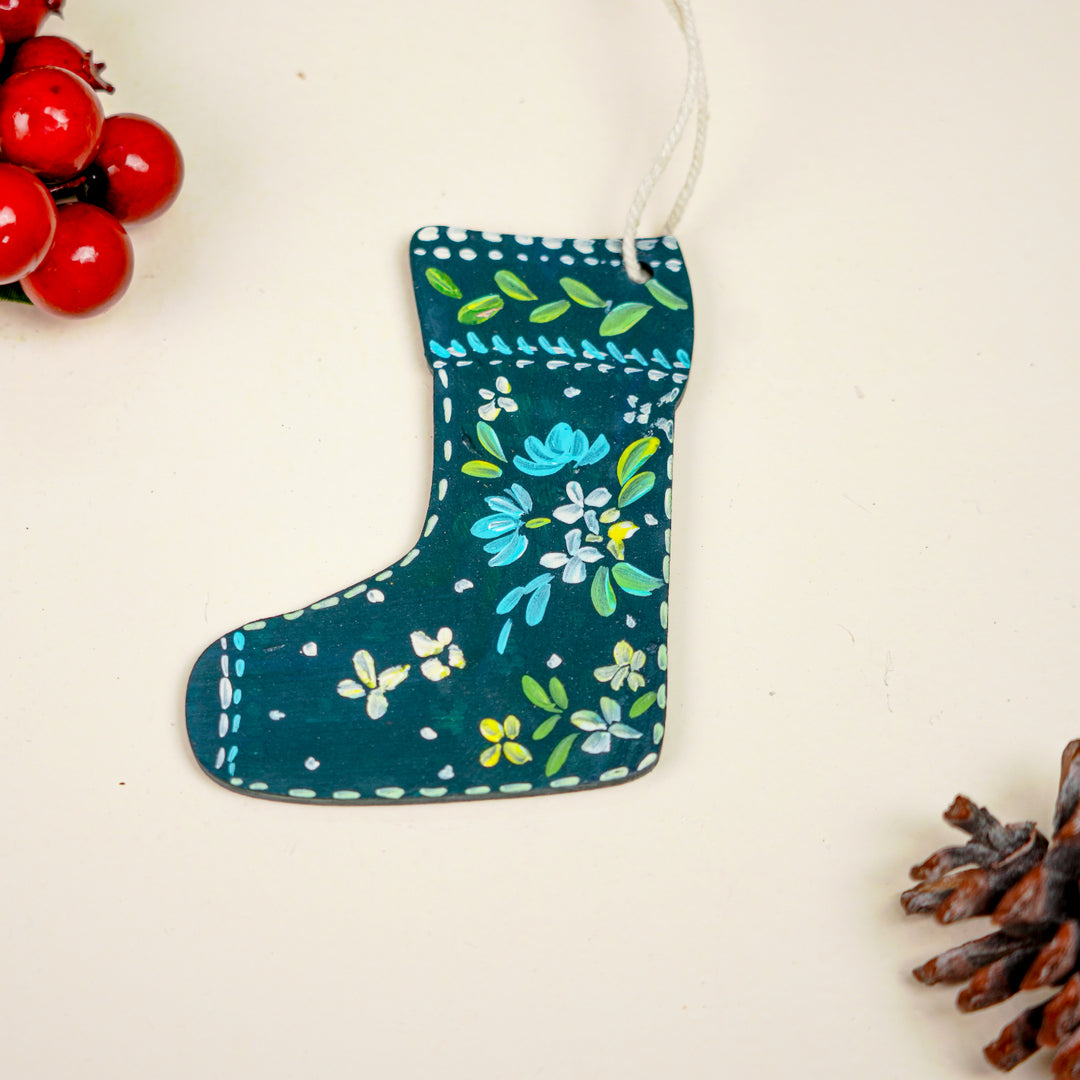 4 Pc | Handpainted Winter Bloom Blue Folk MDF Ornament Set