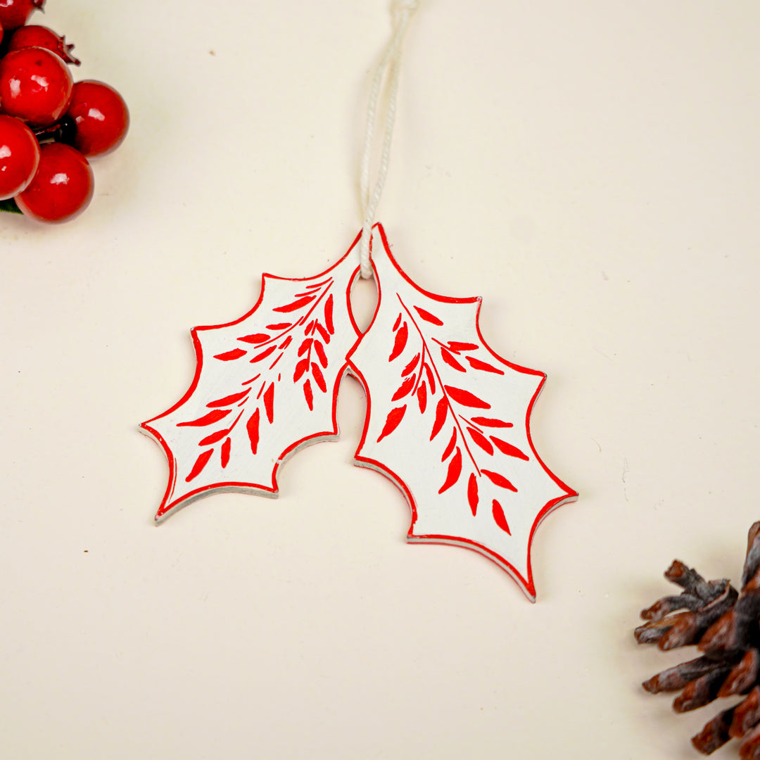 9 Pc | Handpainted Snowy Nordic White Folk Art MDF Ornament Set