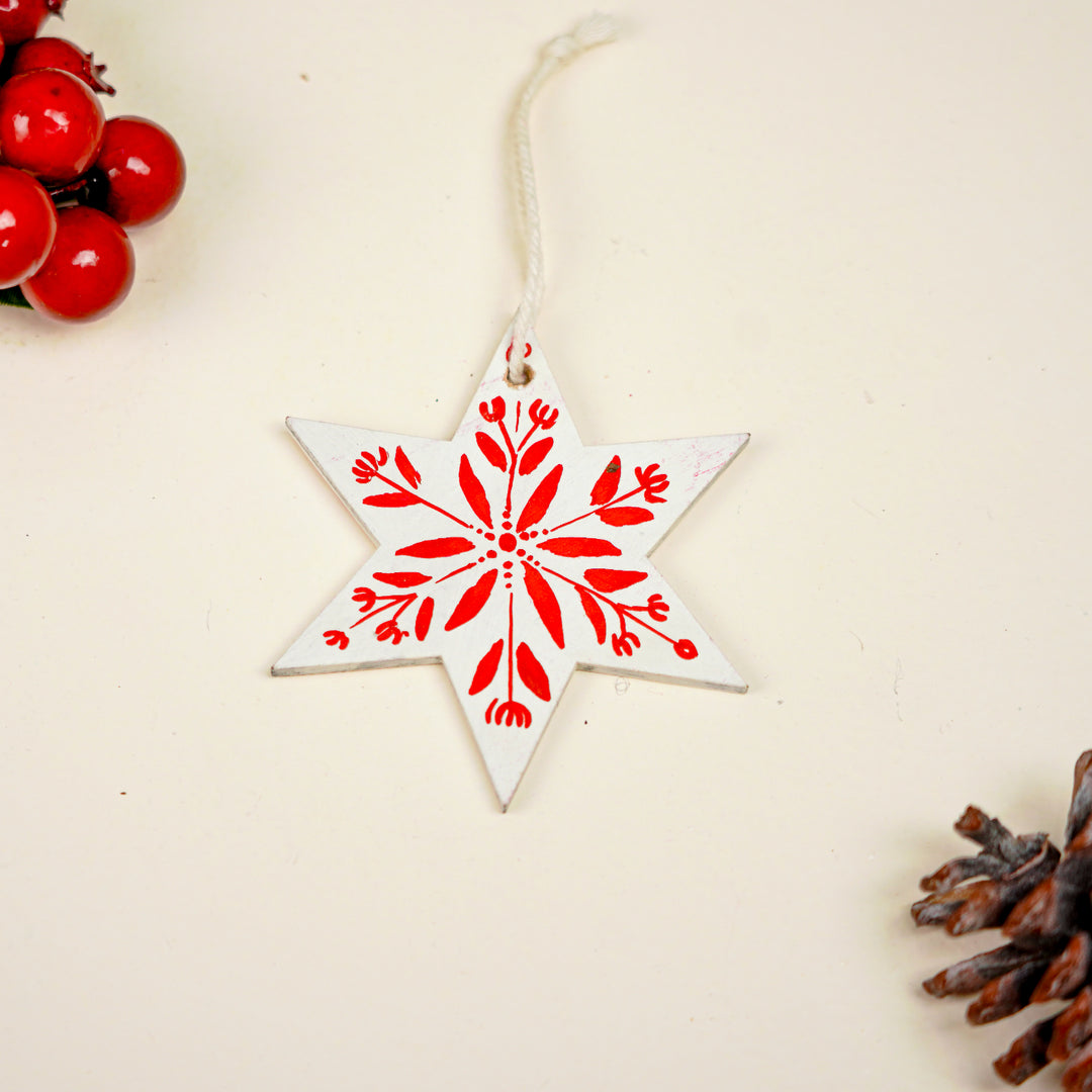 9 Pc | Handpainted Snowy Nordic White Folk Art MDF Ornament Set