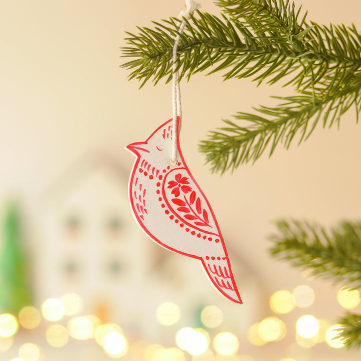 9 Pc | Handpainted Snowy Nordic White Folk Art MDF Ornament Set