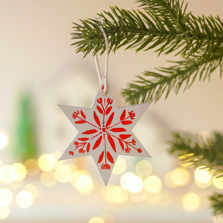 9 Pc | Handpainted Snowy Nordic White Folk Art MDF Ornament Set