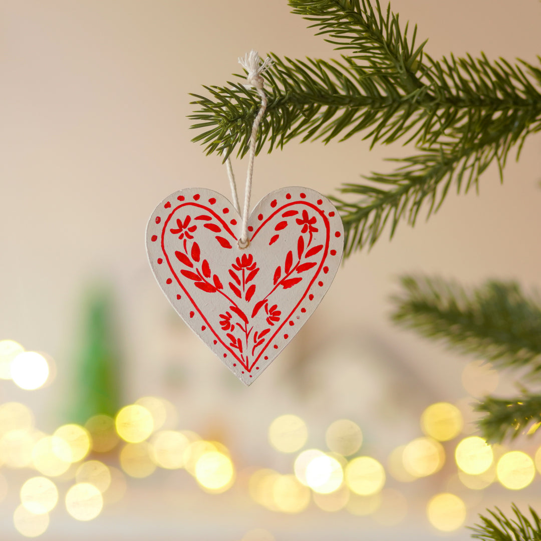 9 Pc | Handpainted Snowy Nordic White Folk Art MDF Ornament Set