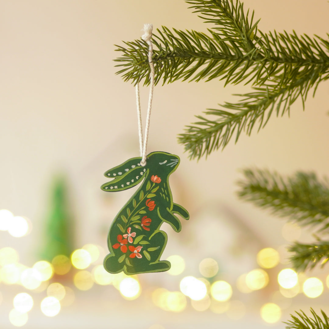 9 Pc | Handpainted Nordic Noel Green Folk Art MDF Ornament Set