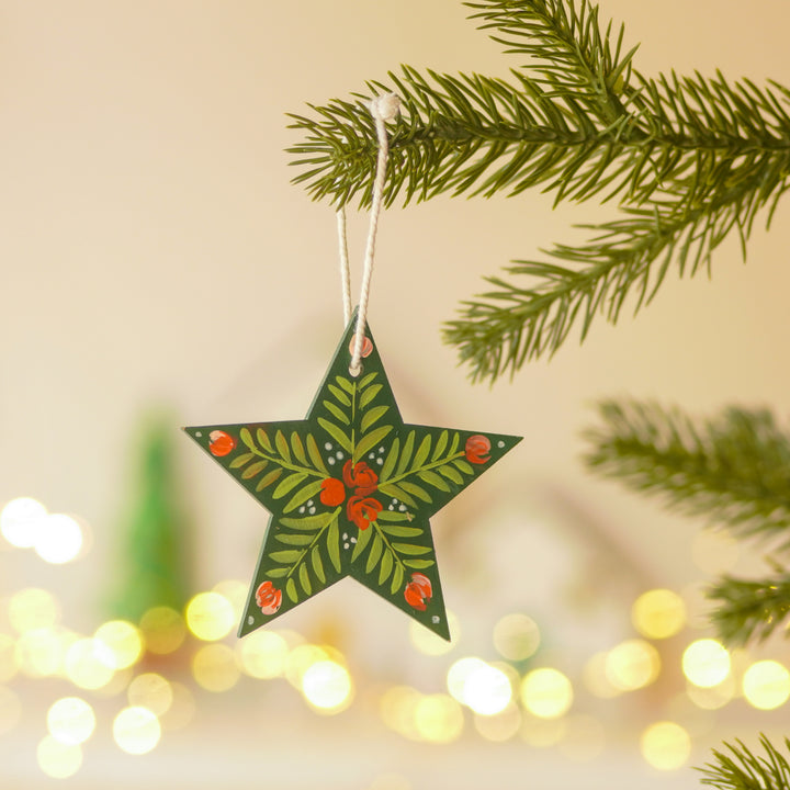 9 Pc | Handpainted Nordic Noel Green Folk Art MDF Ornament Set