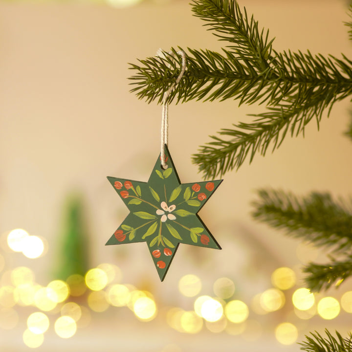 9 Pc | Handpainted Nordic Noel Green Folk Art MDF Ornament Set