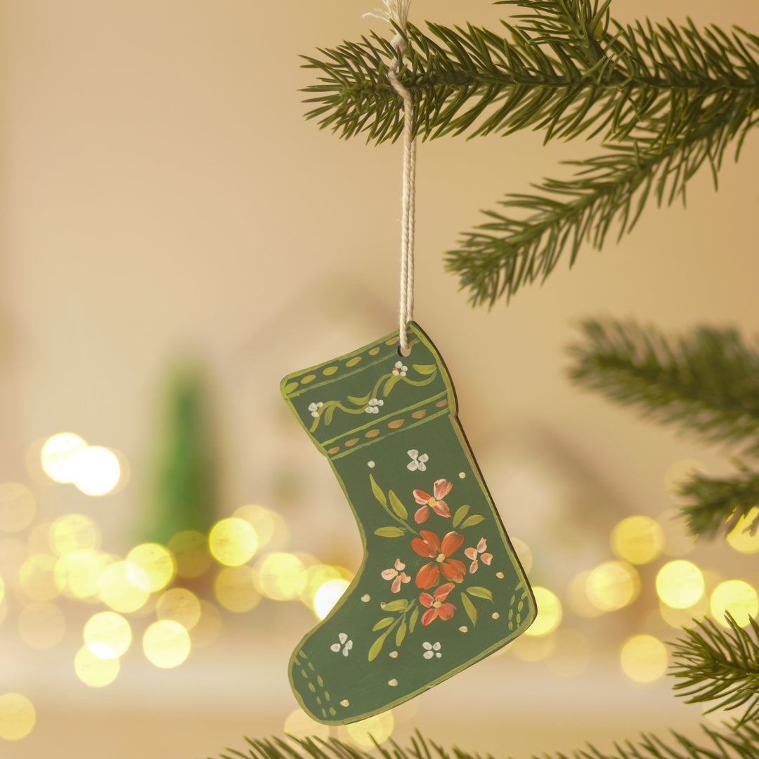 4 Pc | Handpainted Winter Bloom Green Folk MDF Ornament Set