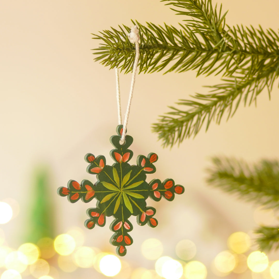 4 Pc | Handpainted Winter Bloom Green Folk MDF Ornament Set
