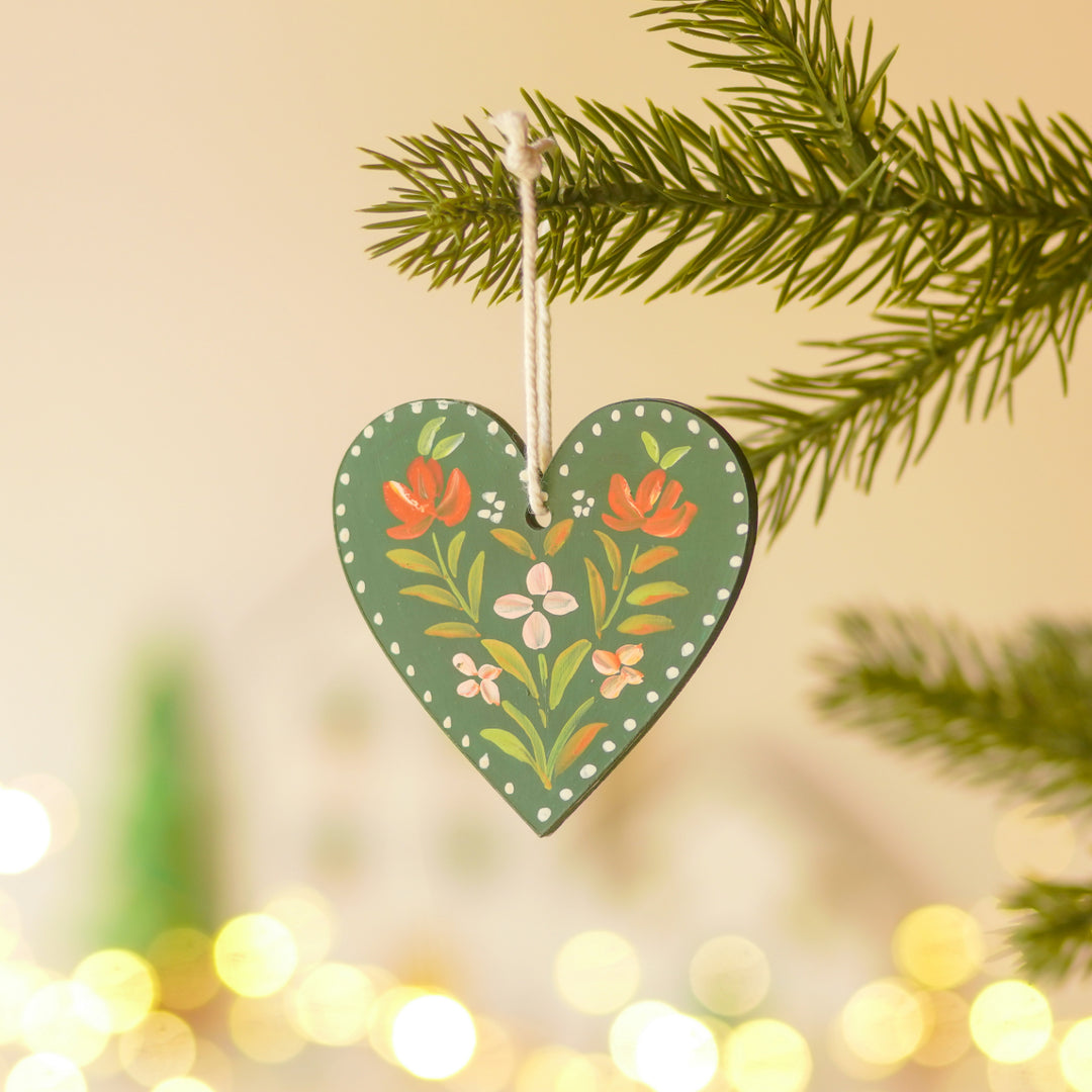 9 Pc | Handpainted Nordic Noel Green Folk Art MDF Ornament Set