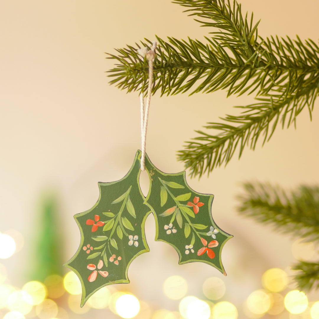 4 Pc | Handpainted Winter Bloom Green Folk MDF Ornament Set