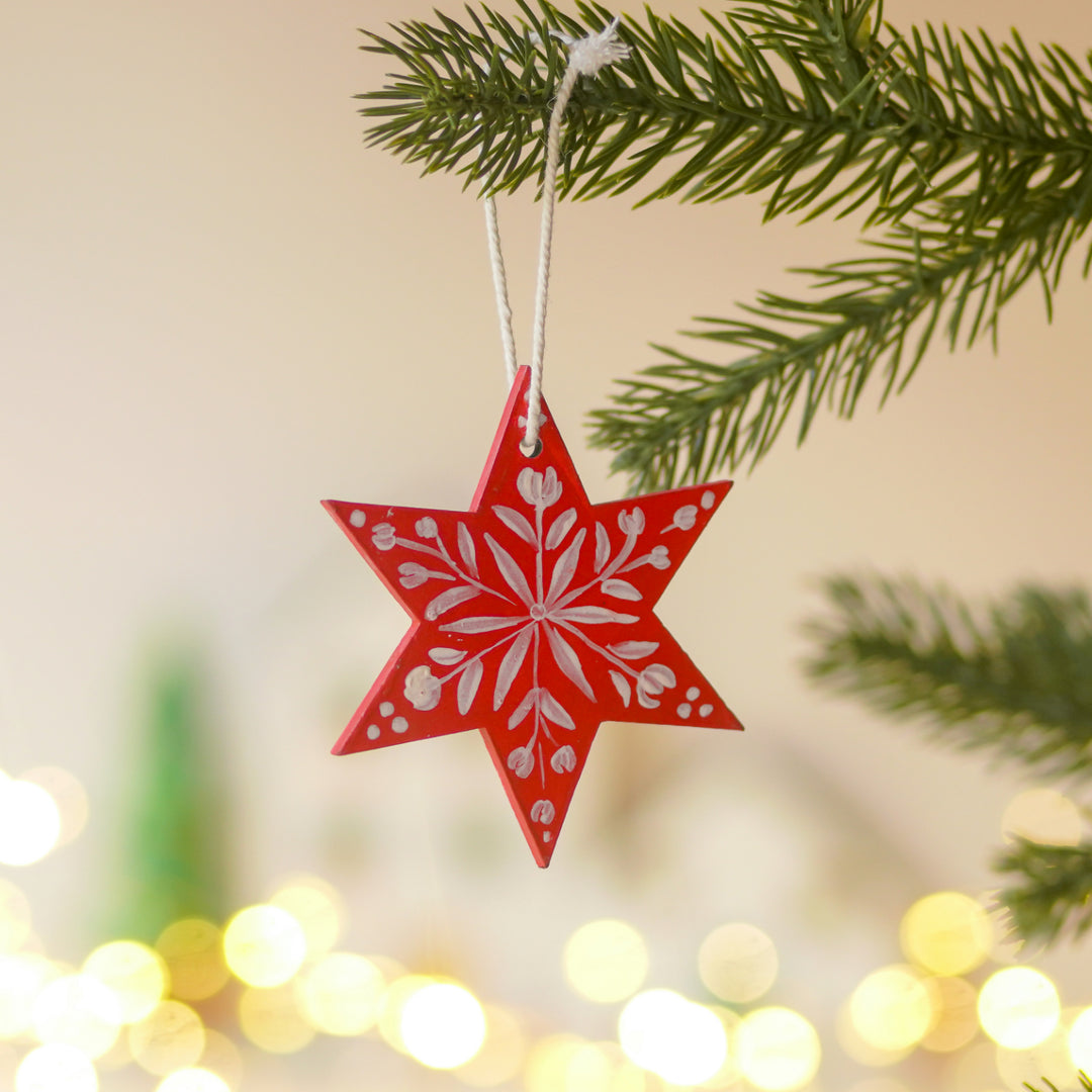 9 Pc | Handpainted Nordic Noel Red Folk Art MDF Ornament Set