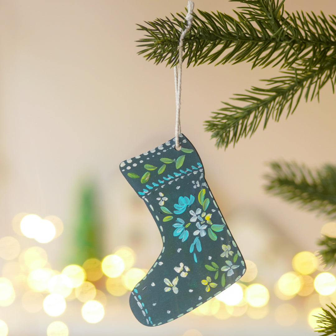 4 Pc | Handpainted Winter Bloom Blue Folk MDF Ornament Set