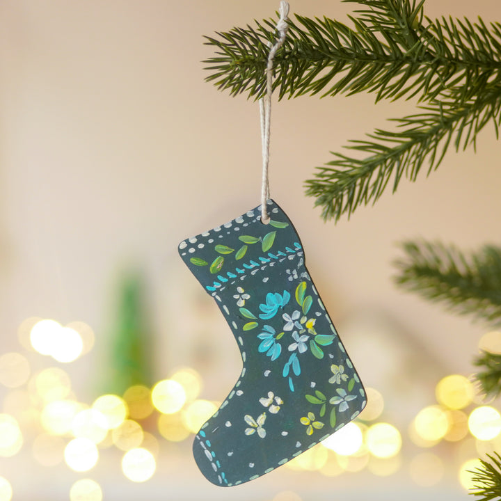 4 Pc | Handpainted Winter Bloom Blue Folk MDF Ornament Set