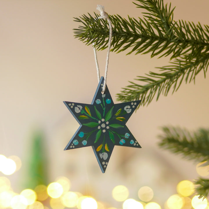 9 Pc | Handpained Nordic Noel Blue Folk Art MDF Ornament Set