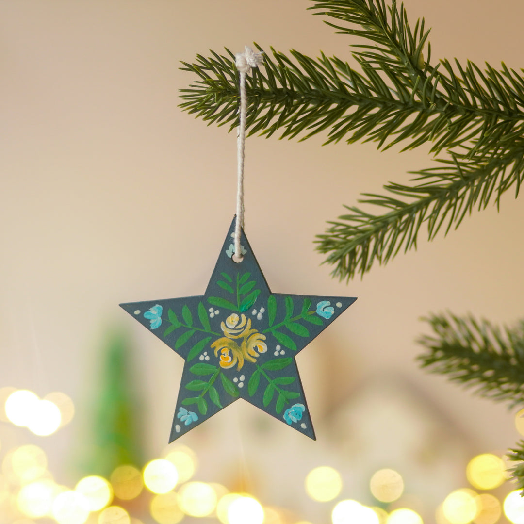 9 Pc | Handpained Nordic Noel Blue Folk Art MDF Ornament Set