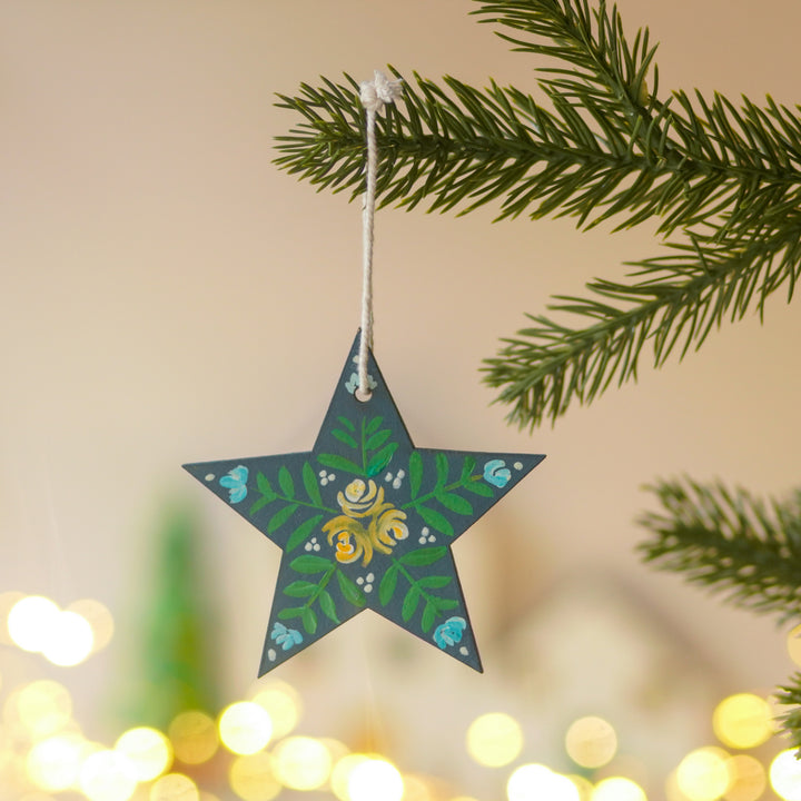 9 Pc | Handpained Nordic Noel Blue Folk Art MDF Ornament Set