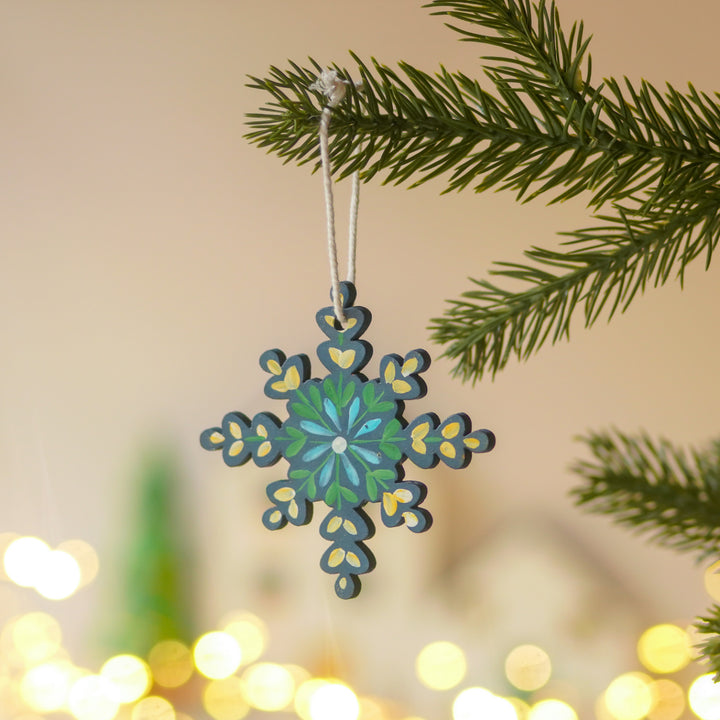 9 Pc | Handpained Nordic Noel Blue Folk Art MDF Ornament Set