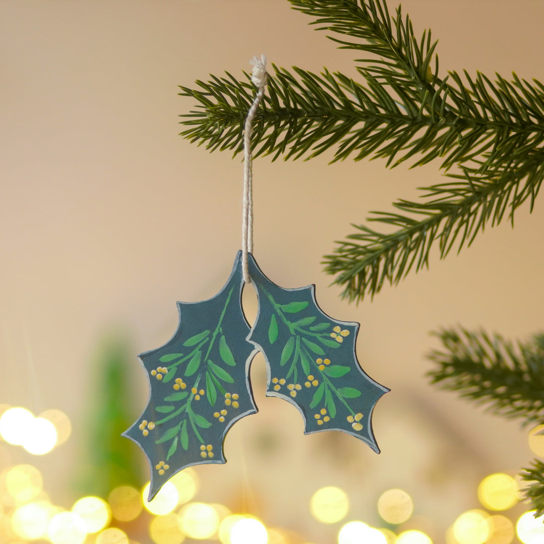 4 Pc | Handpainted Winter Bloom Blue Folk MDF Ornament Set