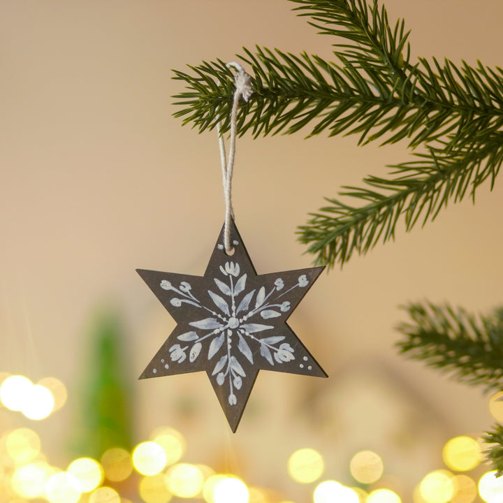 9 Pc | Handpainted Midnight Nordic Black Folk Art MDF Ornament Set