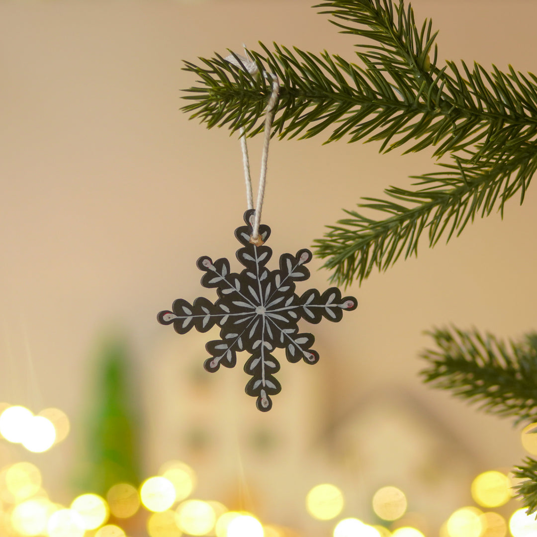 9 Pc | Handpainted Midnight Nordic Black Folk Art MDF Ornament Set