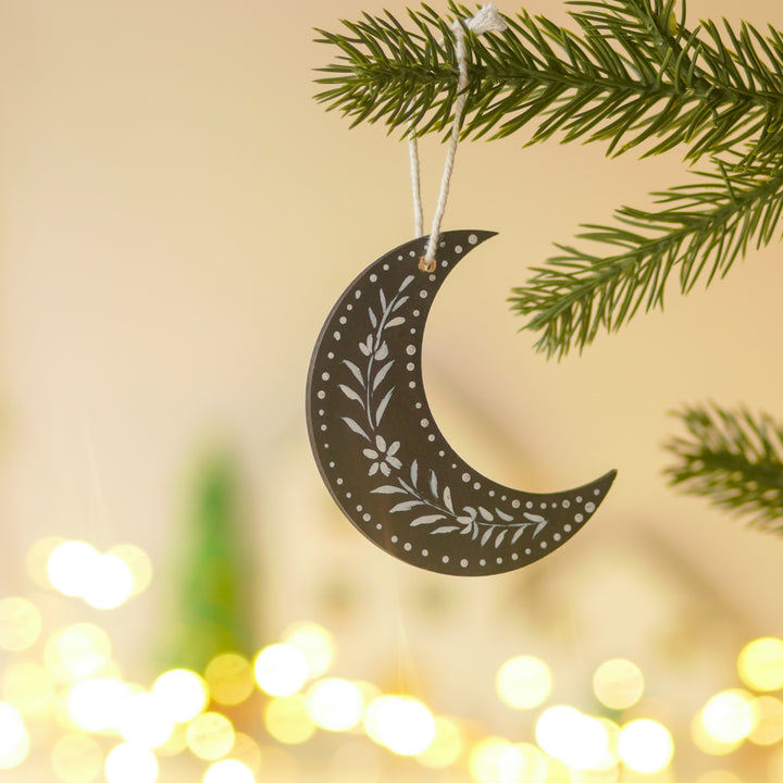 9 Pc | Handpainted Midnight Nordic Black Folk Art MDF Ornament Set