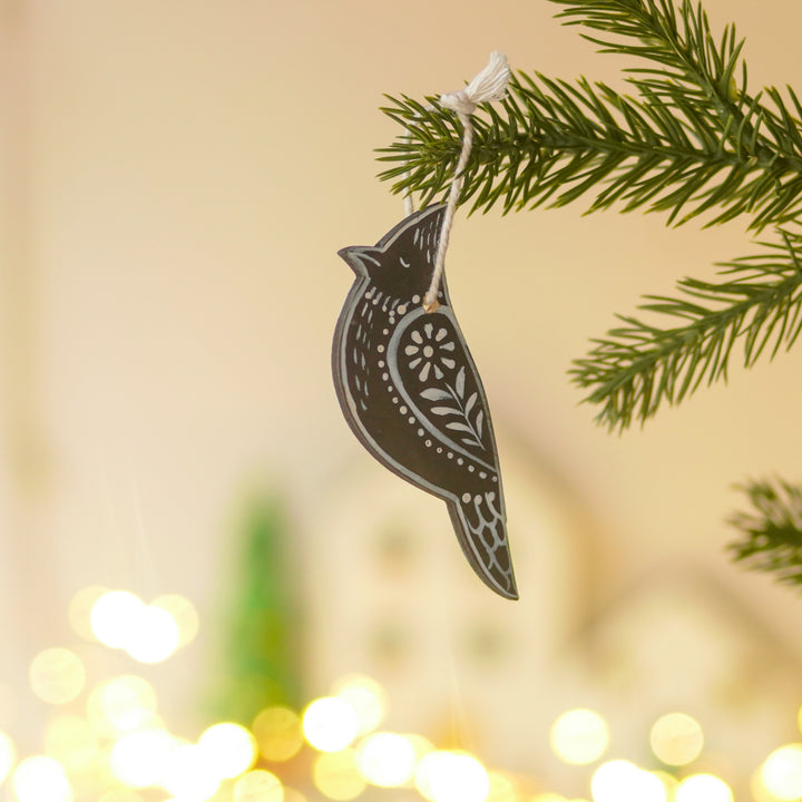 9 Pc | Handpainted Midnight Nordic Black Folk Art MDF Ornament Set