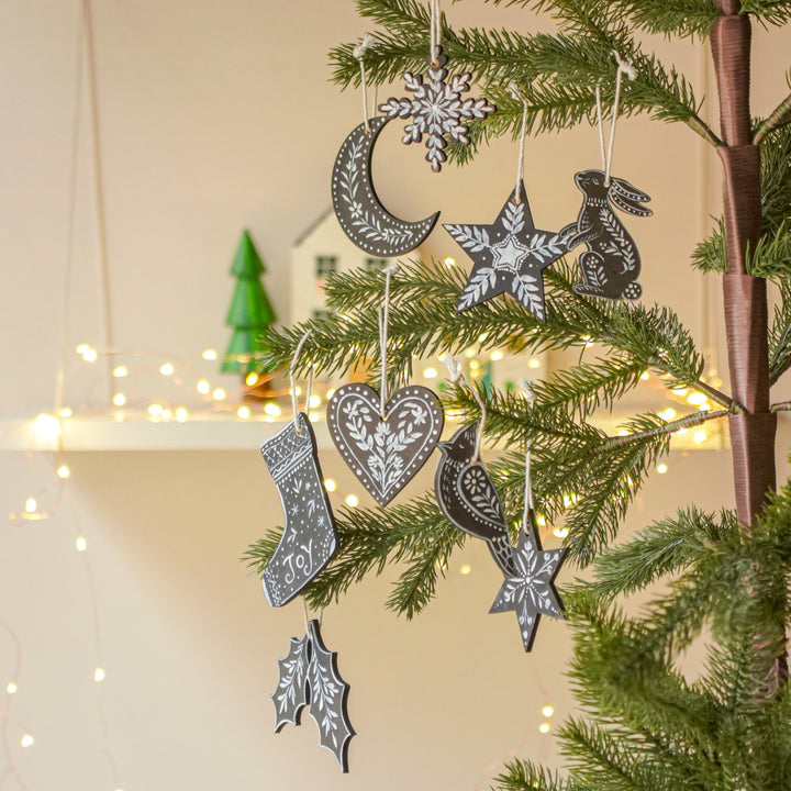 9 Pc | Handpainted Midnight Nordic Black Folk Art MDF Ornament Set