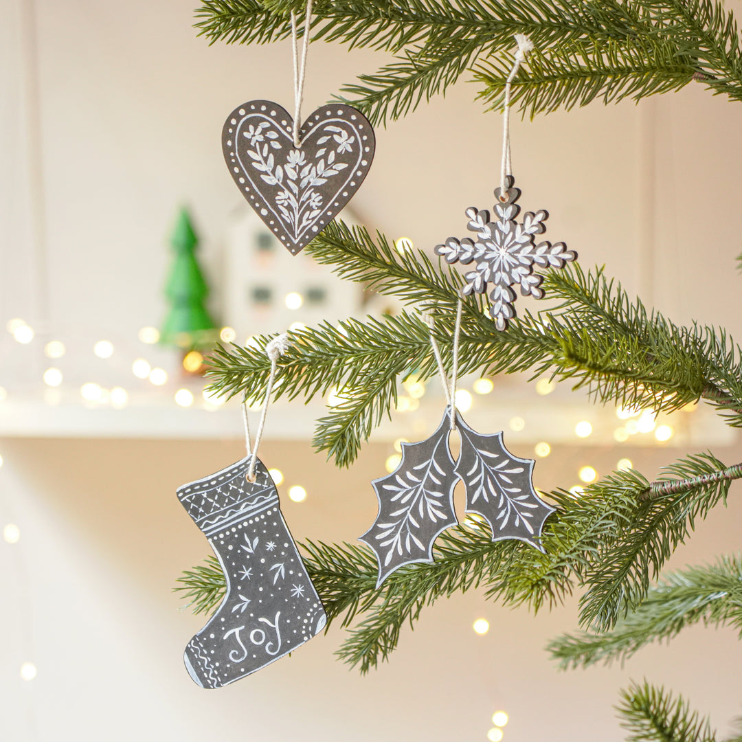 4 Pc | Handpainted Midnight Minis Black Folk MDF Ornament Set