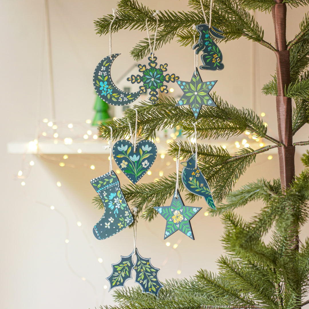 9 Pc | Handpained Nordic Noel Blue Folk Art MDF Ornament Set