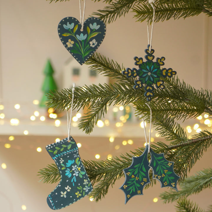 4 Pc | Handpainted Winter Bloom Blue Folk MDF Ornament Set