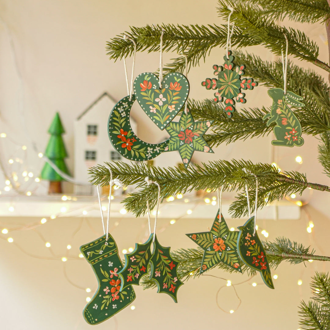 9 Pc | Handpainted Nordic Noel Green Folk Art MDF Ornament Set