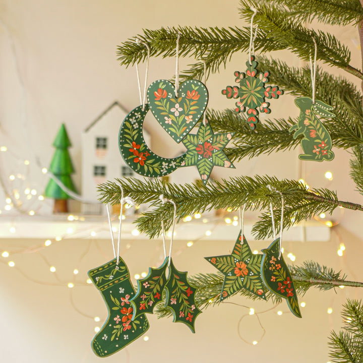 9 Pc | Handpainted Nordic Noel Green Folk Art MDF Ornament Set