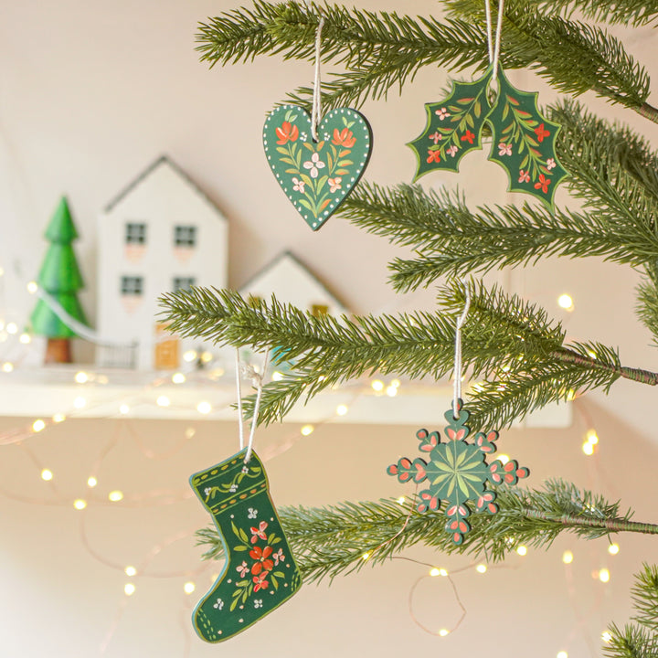 4 Pc | Handpainted Winter Bloom Green Folk MDF Ornament Set