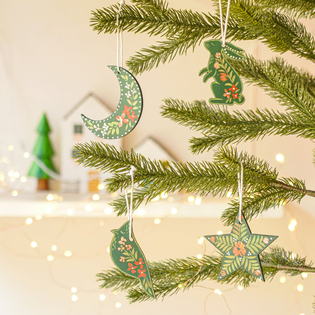 4 Pc | Handpainted Arctic Minis Green Folk MDF Ornament Set