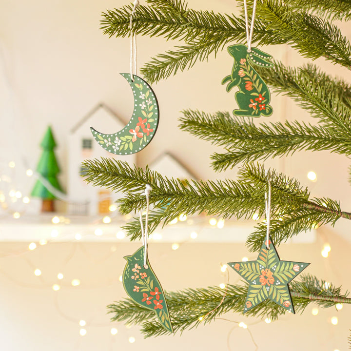 4 Pc | Handpainted Arctic Minis Green Folk MDF Ornament Set