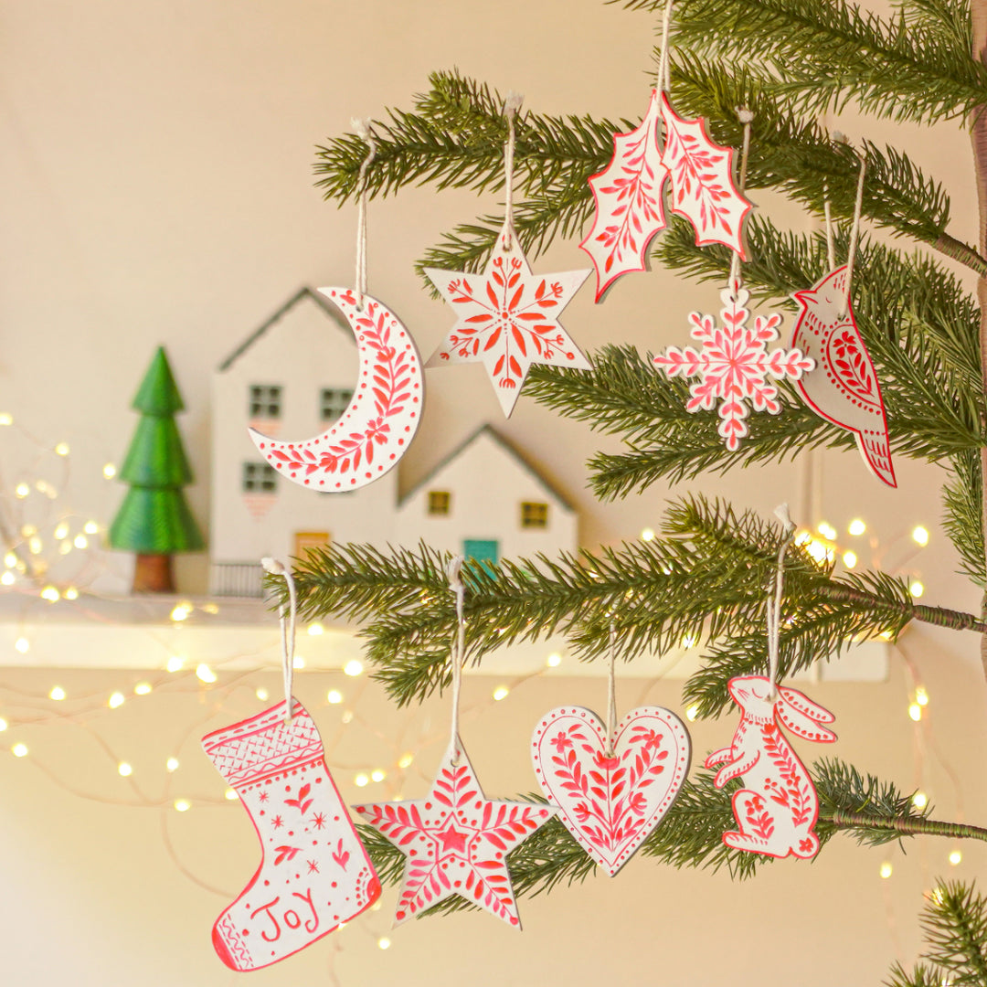 9 Pc | Handpainted Snowy Nordic White Folk Art MDF Ornament Set