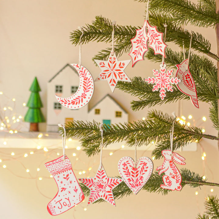 9 Pc | Handpainted Snowy Nordic White Folk Art MDF Ornament Set