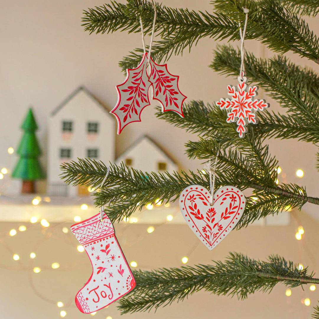 4 Pc | Handpainted Snowy Minis White Folk MDF Ornament Set