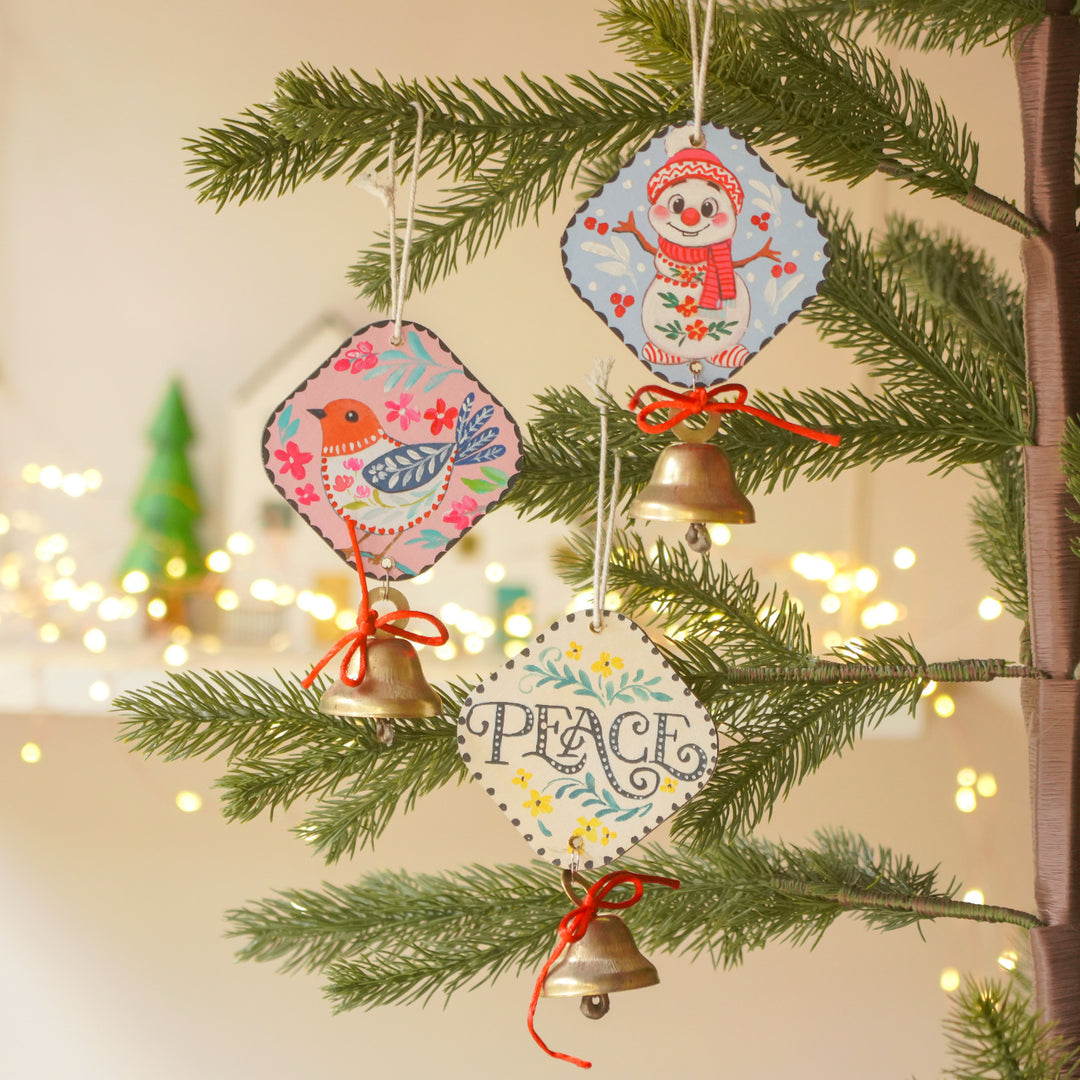 3 Pc | Handpainted Jingle Joy Trio Bell MDF Ornaments Set