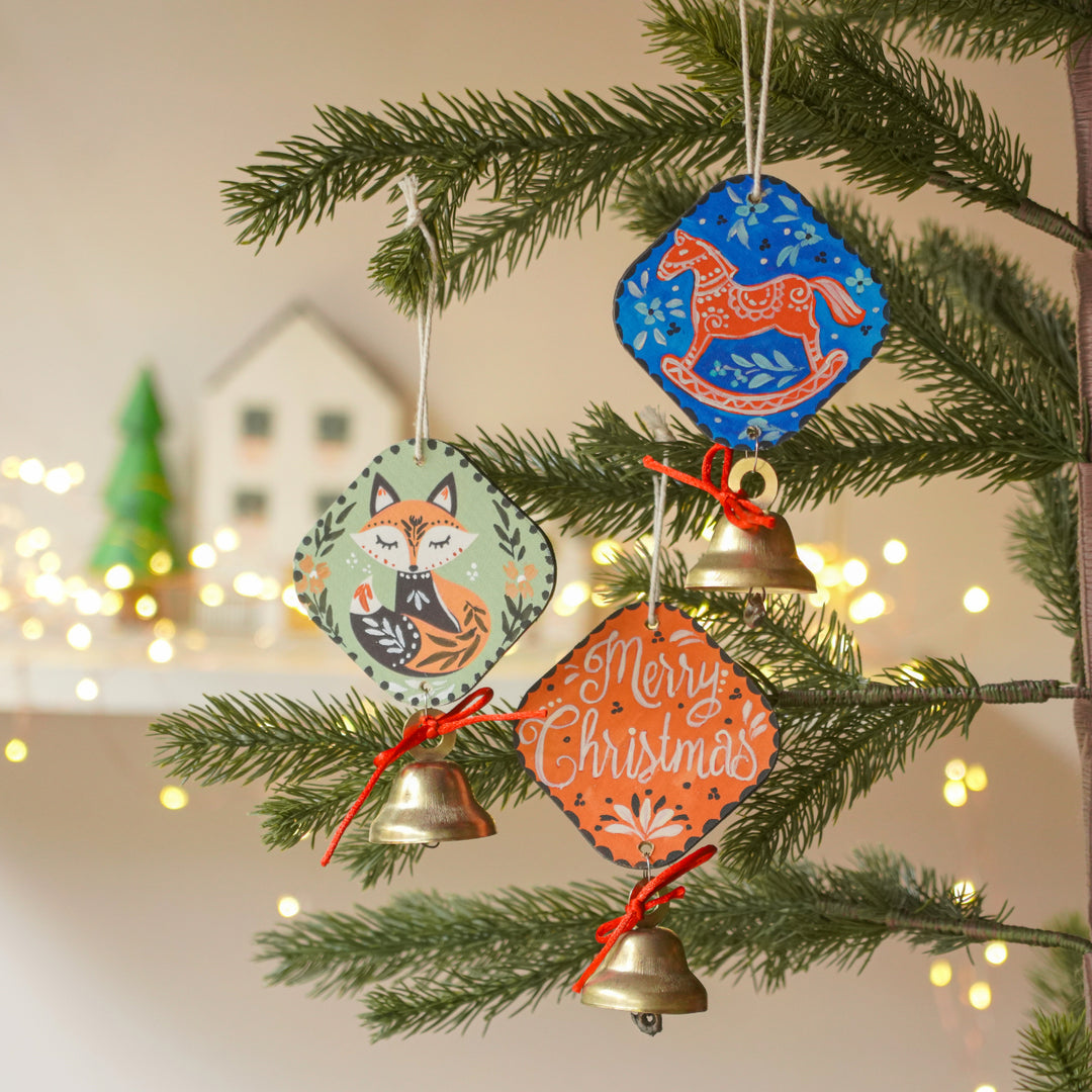 3 Pc | Handpainted  Woodland Jingle Trio Bell MDF Ornaments Set