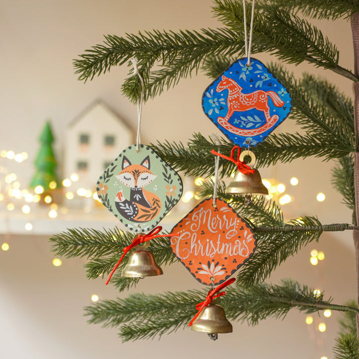 3 Pc | Handpainted  Woodland Jingle Trio Bell MDF Ornaments Set