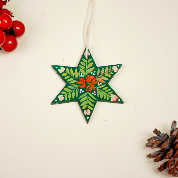 9 Pc | Handpainted Nordic Noel Green Folk Art MDF Ornament Set