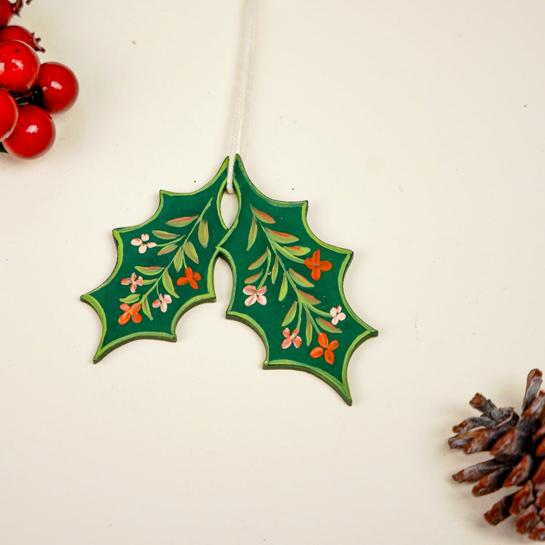 4 Pc | Handpainted Winter Bloom Green Folk MDF Ornament Set
