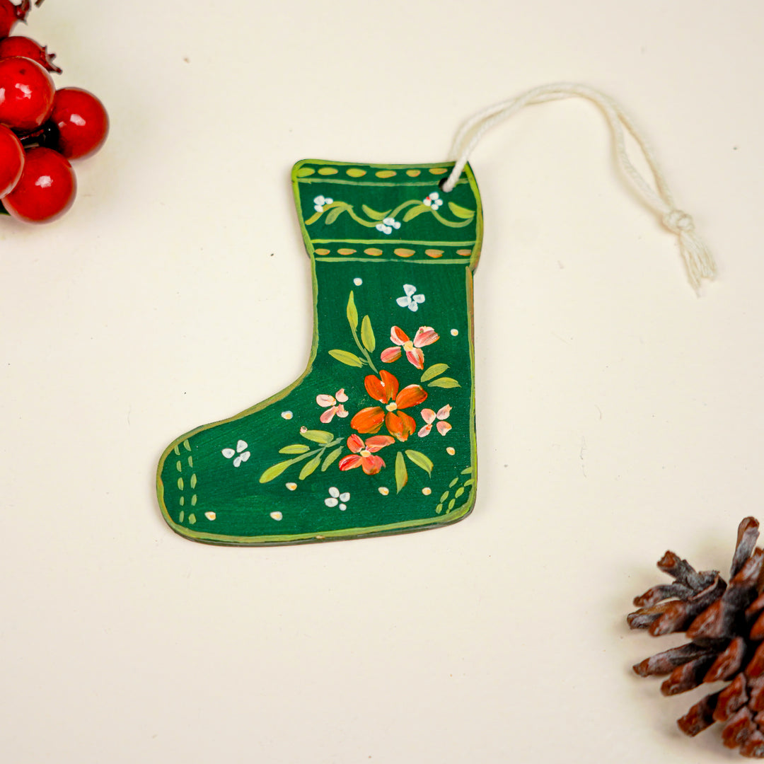 4 Pc | Handpainted Winter Bloom Green Folk MDF Ornament Set